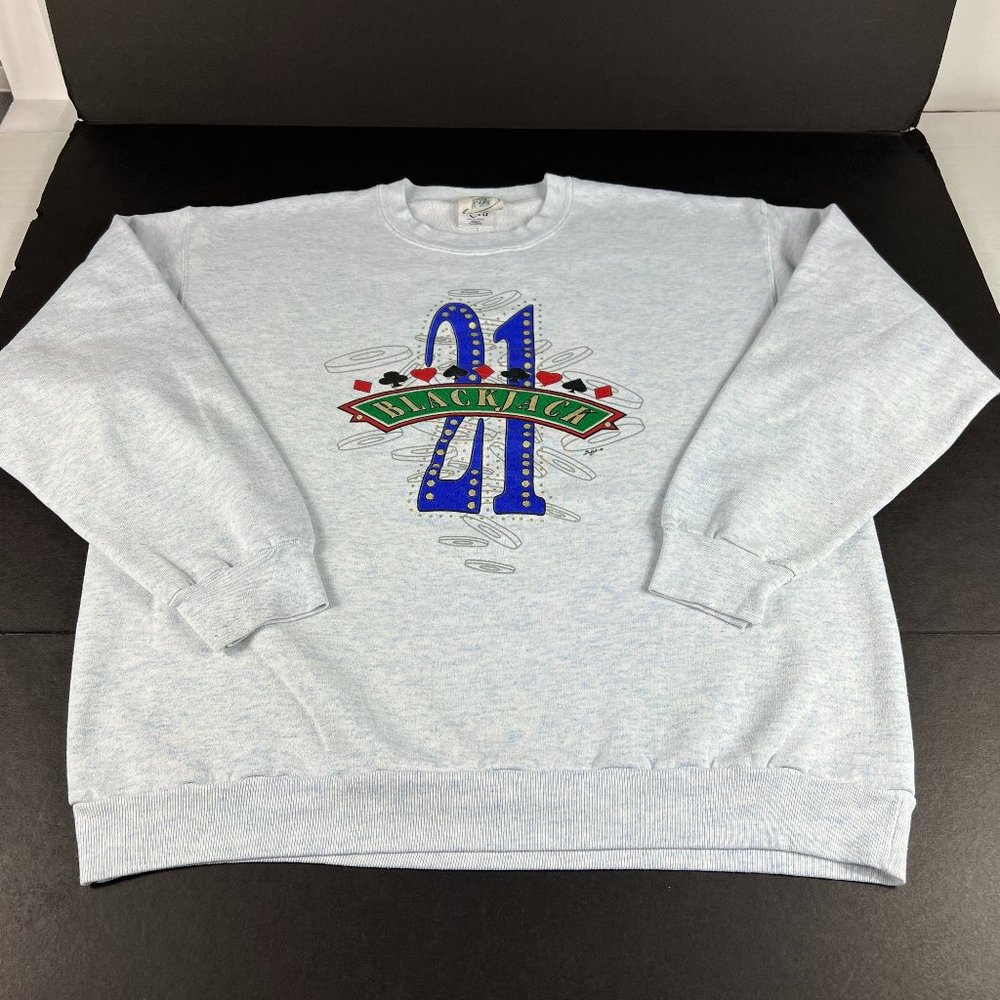 VTG 21 Black Jack Casino Sweatshirt Extra Large Light Blue Big Print Crewneck